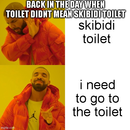the previous kids | skibidi toilet; BACK IN THE DAY WHEN TOILET DIDNT MEAN SKIBIDI TOILET; i need to go to the toilet | image tagged in memes,drake hotline bling | made w/ Imgflip meme maker