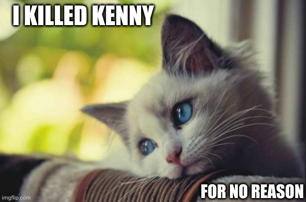 Am I a sociopath? | I KILLED KENNY; FOR NO REASON | image tagged in sad cat,i killed kenny,south park,memes,they killed kenny,sociopath | made w/ Imgflip meme maker