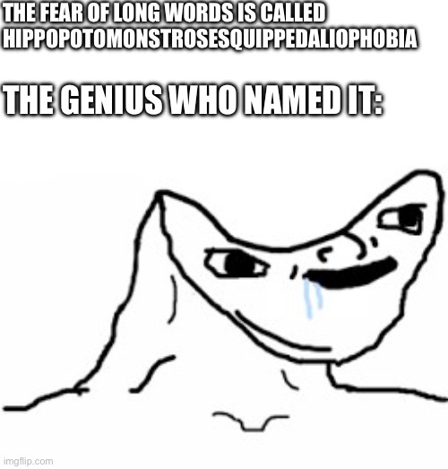 Drooling Brainless Idiot | THE FEAR OF LONG WORDS IS CALLED HIPPOPOTOMONSTROSESQUIPPEDALIOPHOBIA; THE GENIUS WHO NAMED IT: | image tagged in drooling brainless idiot | made w/ Imgflip meme maker