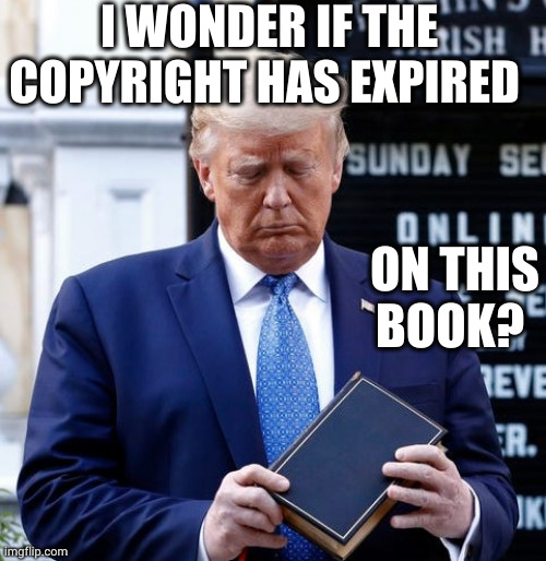 I could make a lot of money off the Bible | I WONDER IF THE COPYRIGHT HAS EXPIRED; ON THIS BOOK? | image tagged in trump bible riots,memes,copyright,fundraising,bright ideas,self publishing | made w/ Imgflip meme maker