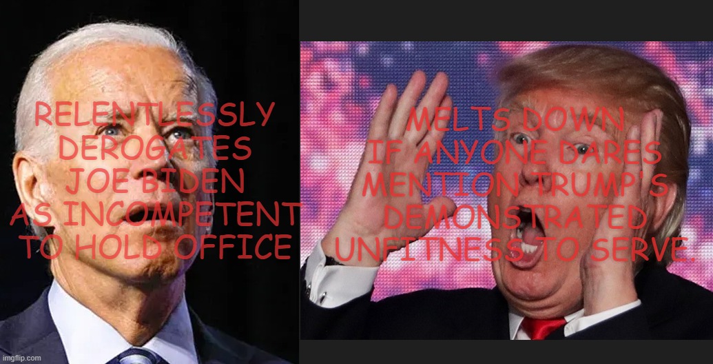 Schrödinger's MAGA | RELENTLESSLY DEROGATES JOE BIDEN AS INCOMPETENT TO HOLD OFFICE; MELTS DOWN IF ANYONE DARES MENTION TRUMP'S DEMONSTRATED UNFITNESS TO SERVE. | image tagged in biden trump,schrodinger,identity politics,anti-politics,hypocrites | made w/ Imgflip meme maker