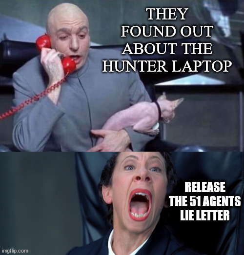 Dr Evil and Frau | THEY FOUND OUT ABOUT THE HUNTER LAPTOP RELEASE THE 51 AGENTS LIE LETTER | image tagged in dr evil and frau | made w/ Imgflip meme maker