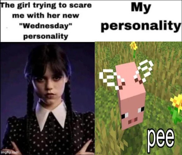mod note: pee lul | image tagged in the girl trying to scare me with her new wednesday personality | made w/ Imgflip meme maker
