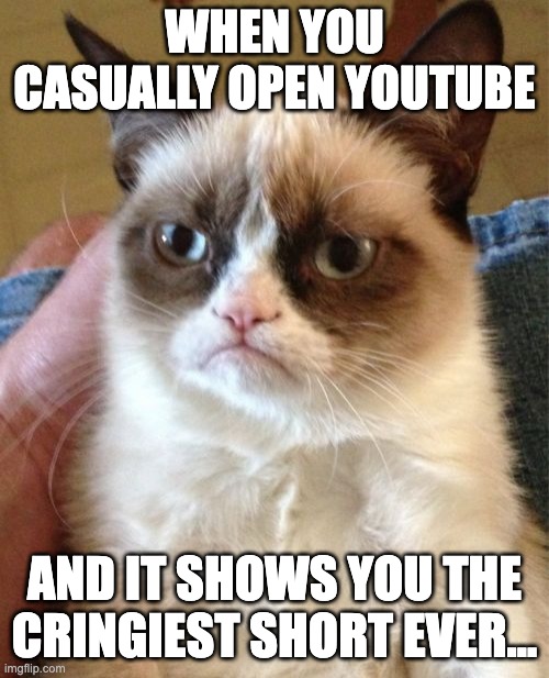 Anyone Relate? | WHEN YOU CASUALLY OPEN YOUTUBE; AND IT SHOWS YOU THE CRINGIEST SHORT EVER... | image tagged in memes,grumpy cat,middle school,relatable,youtube,youtube shorts | made w/ Imgflip meme maker