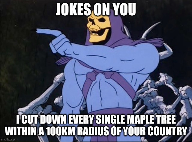 Jokes on you I’m into that shit | JOKES ON YOU I CUT DOWN EVERY SINGLE MAPLE TREE WITHIN A 100KM RADIUS OF YOUR COUNTRY | image tagged in jokes on you i m into that shit | made w/ Imgflip meme maker