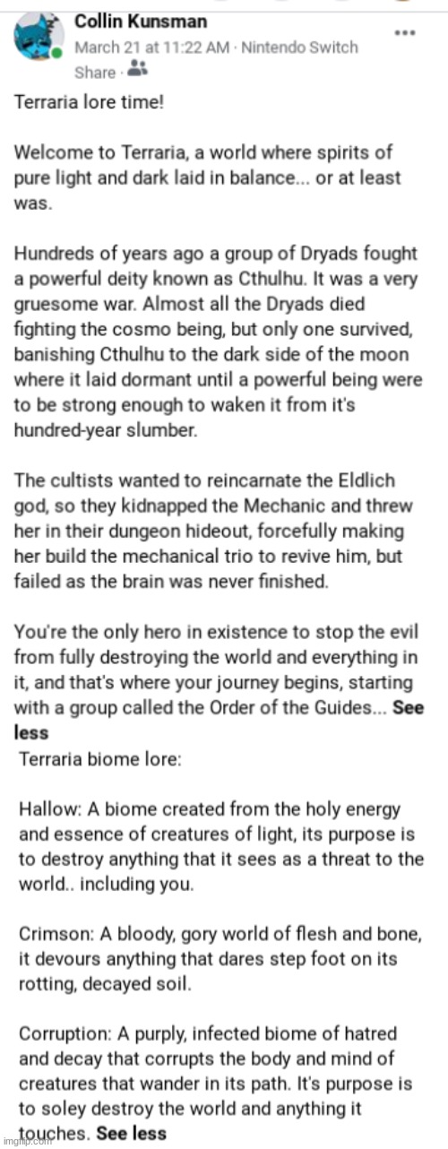 The Terraria Lore! (In my own words) | image tagged in terraria,video games,lore,facebook,posts,vanilla | made w/ Imgflip meme maker