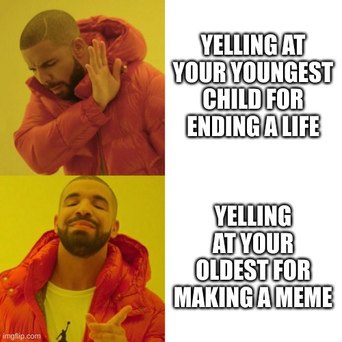 Drake Blank | YELLING AT YOUR YOUNGEST CHILD FOR ENDING A LIFE; YELLING AT YOUR OLDEST FOR MAKING A MEME | image tagged in drake blank | made w/ Imgflip meme maker