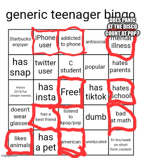 generic teenager bingo | DOES PANIC AT THE DISCO COUNT AT POP? | image tagged in generic teenager bingo | made w/ Imgflip meme maker