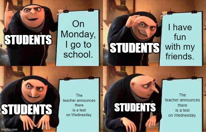 Gru Test on Wednesday | On Monday, I go to school. I have fun with my friends. STUDENTS; STUDENTS; The teacher announces there is a test on Wednesday. The teacher announces there is a test on Wednesday. STUDENTS; STUDENTS | image tagged in memes,gru's plan | made w/ Imgflip meme maker