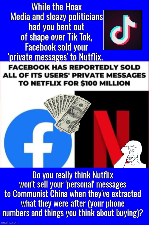 Facebook sold you out, not Tik Tok | While the Hoax Media and sleazy politicians had you bent out of shape over Tik Tok, Facebook sold your 'private messages' to Nutflix. Do you really think Nutflix won't sell your 'personal' messages to Communist China when they've extracted what they were after (your phone numbers and things you think about buying)? | image tagged in blue square,facebook,netflix,tiktok,dirty,deal with it | made w/ Imgflip meme maker