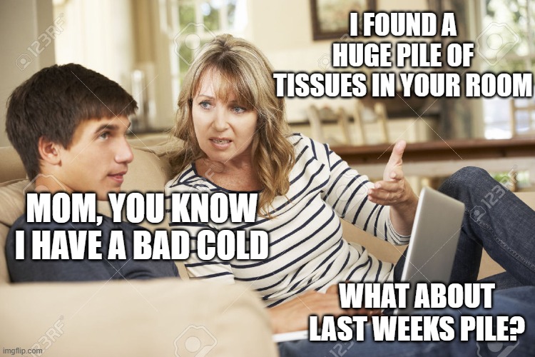 uncomfortable conversation | I FOUND A HUGE PILE OF TISSUES IN YOUR ROOM; MOM, YOU KNOW I HAVE A BAD COLD; WHAT ABOUT LAST WEEKS PILE? | image tagged in mother and son | made w/ Imgflip meme maker
