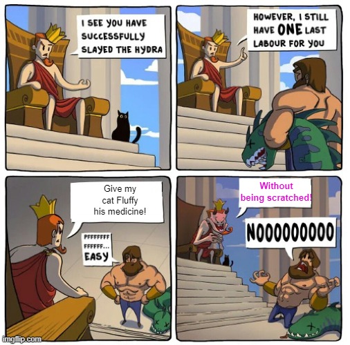 One Last Task | Without being scratched! Give my cat Fluffy his medicine! | image tagged in one last task,hercules,cat | made w/ Imgflip meme maker