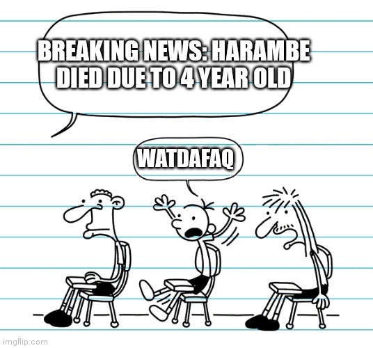 Harambes Death In Wimpy Kid | BREAKING NEWS: HARAMBE DIED DUE TO 4 YEAR OLD; WATDAFAQ | image tagged in diary of a wimpy kid seats | made w/ Imgflip meme maker