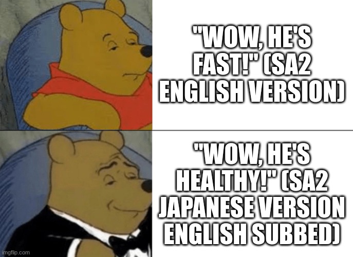 "Wow, he's healthy!" | "WOW, HE'S FAST!" (SA2 ENGLISH VERSION); "WOW, HE'S HEALTHY!" (SA2 JAPANESE VERSION ENGLISH SUBBED) | image tagged in memes,tuxedo winnie the pooh | made w/ Imgflip meme maker