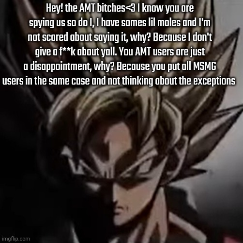 Mad goku meme | Hey! the AMT bitches<3 I know you are spying us so do I, I have somes lil moles and I'm not scared about saying it, why? Because I don't give a f**k about yall. You AMT users are just a disappointment, why? Because you put all MSMG users in the same case and not thinking about the exceptions | image tagged in mad goku meme | made w/ Imgflip meme maker