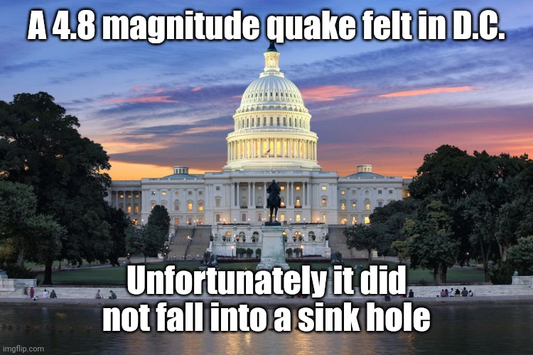Washington DC swamp | A 4.8 magnitude quake felt in D.C. Unfortunately it did not fall into a sink hole | image tagged in washington dc swamp | made w/ Imgflip meme maker