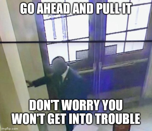 Pull it | GO AHEAD AND PULL IT; DON'T WORRY YOU WON'T GET INTO TROUBLE | image tagged in bowman fire alarm,funny memes | made w/ Imgflip meme maker