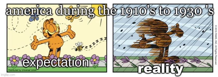 POLITICS!!1/1/!!?1/1?1///1/!/1//!??  BAN HIM NOW/1/!!!1!11!11!!!! | america during the 1910's to 1930 's; expectation; reality | image tagged in garfield expectation reality | made w/ Imgflip meme maker