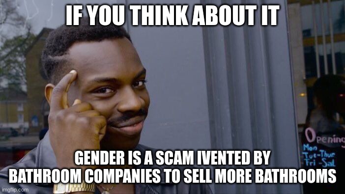 Roll Safe Think About It | IF YOU THINK ABOUT IT; GENDER IS A SCAM IVENTED BY BATHROOM COMPANIES TO SELL MORE BATHROOMS | image tagged in memes,roll safe think about it | made w/ Imgflip meme maker