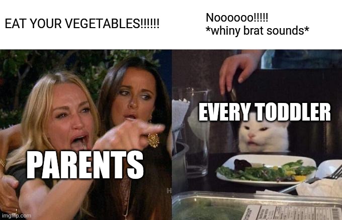 Just eat the dang vegetables, it'll make you big and strong. | EAT YOUR VEGETABLES!!!!!! Noooooo!!!!! *whiny brat sounds*; EVERY TODDLER; PARENTS | image tagged in memes,woman yelling at cat | made w/ Imgflip meme maker