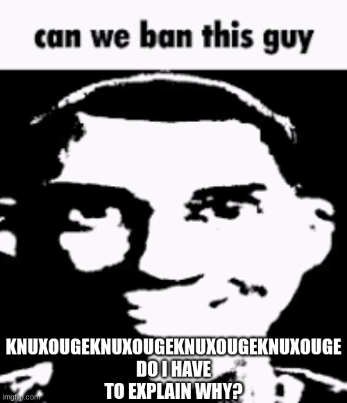 Can we ban this guy | KNUXOUGEKNUXOUGEKNUXOUGEKNUXOUGE
DO I HAVE TO EXPLAIN WHY? | image tagged in can we ban this guy | made w/ Imgflip meme maker