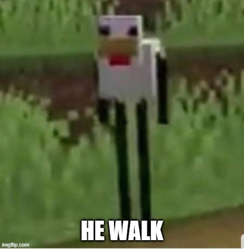 he walk | HE WALK | image tagged in cursed minecraft chicken | made w/ Imgflip meme maker