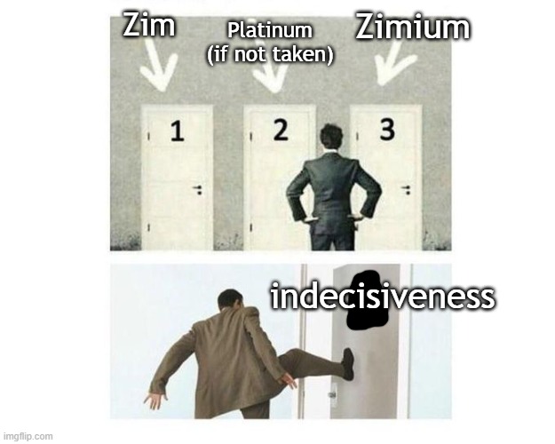 i came up with 3 | Zimium; Platinum (if not taken); Zim; indecisiveness | image tagged in 3 doors | made w/ Imgflip meme maker