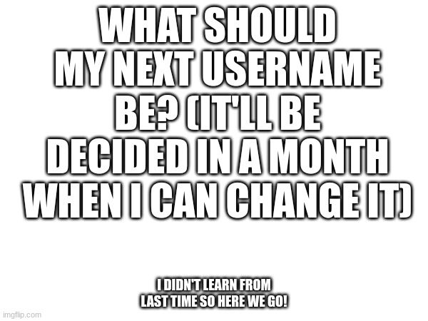 WHAT SHOULD MY NEXT USERNAME BE? (IT'LL BE DECIDED IN A MONTH WHEN I CAN CHANGE IT); I DIDN'T LEARN FROM LAST TIME SO HERE WE GO! | made w/ Imgflip meme maker