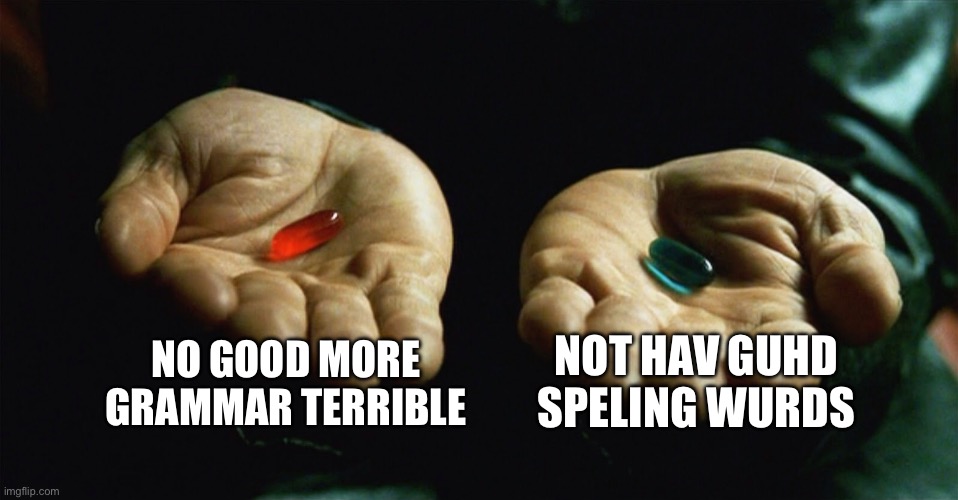 You to hav to pikc won | NO GOOD MORE GRAMMAR TERRIBLE; NOT HAV GUHD SPELING WURDS | image tagged in red pill blue pill | made w/ Imgflip meme maker