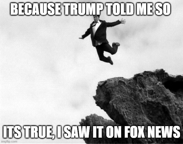 BECAUSE TRUMP TOLD ME SO ITS TRUE, I SAW IT ON FOX NEWS | image tagged in man jumping off a cliff | made w/ Imgflip meme maker