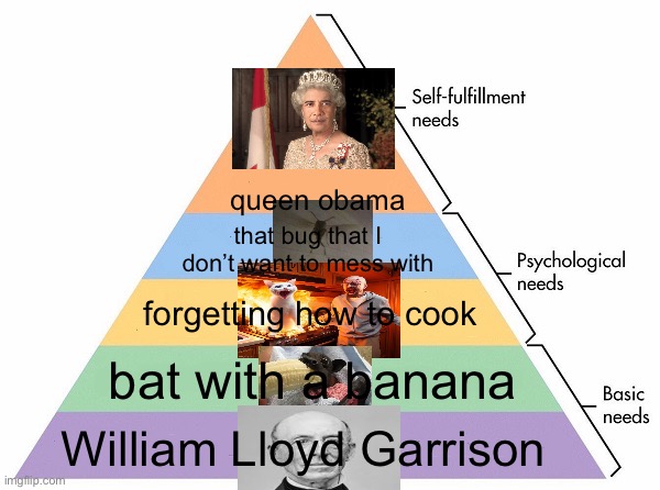 Maslow's Hierarchy of Needs | queen obama; that bug that I don’t want to mess with; forgetting how to cook; bat with a banana; William Lloyd Garrison | image tagged in maslow's hierarchy of needs | made w/ Imgflip meme maker