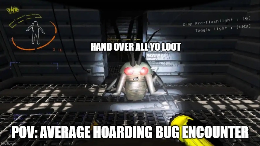 average hoarding bug encounter | HAND OVER ALL YO LOOT; POV: AVERAGE HOARDING BUG ENCOUNTER | image tagged in lethal company bug,lethal company,memes,hoarding bug | made w/ Imgflip meme maker