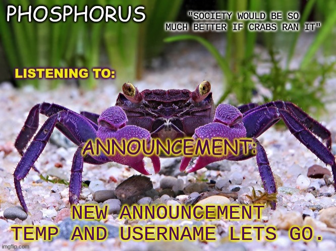 Phosphorus Announce temp. | NEW ANNOUNCEMENT TEMP AND USERNAME LETS GO. | image tagged in phosphorus announce temp | made w/ Imgflip meme maker