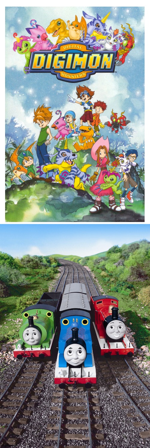 Thomas,Percy and James are big fans of Digimon | image tagged in thomas percy and james | made w/ Imgflip meme maker