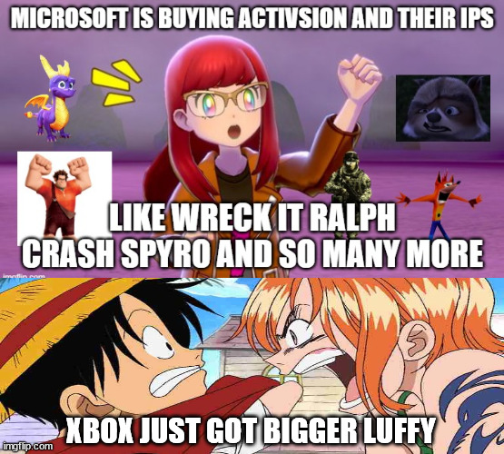 nami tells luffy about xbox | XBOX JUST GOT BIGGER LUFFY | image tagged in video game history,luffy,xbox,anime,animeme,one piece | made w/ Imgflip meme maker