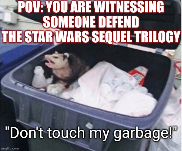 Star Wars sequel defense | POV: YOU ARE WITNESSING SOMEONE DEFEND THE STAR WARS SEQUEL TRILOGY; "Don't touch my garbage!" | image tagged in dont touch my garbage | made w/ Imgflip meme maker