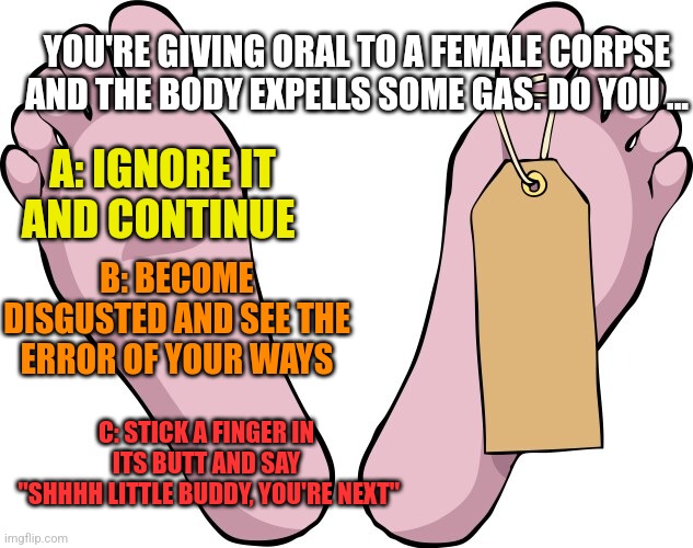 YOU'RE GIVING ORAL TO A FEMALE CORPSE AND THE BODY EXPELLS SOME GAS. DO YOU ... A: IGNORE IT AND CONTINUE; B: BECOME DISGUSTED AND SEE THE ERROR OF YOUR WAYS; C: STICK A FINGER IN ITS BUTT AND SAY
 "SHHHH LITTLE BUDDY, YOU'RE NEXT" | image tagged in funny memes | made w/ Imgflip meme maker