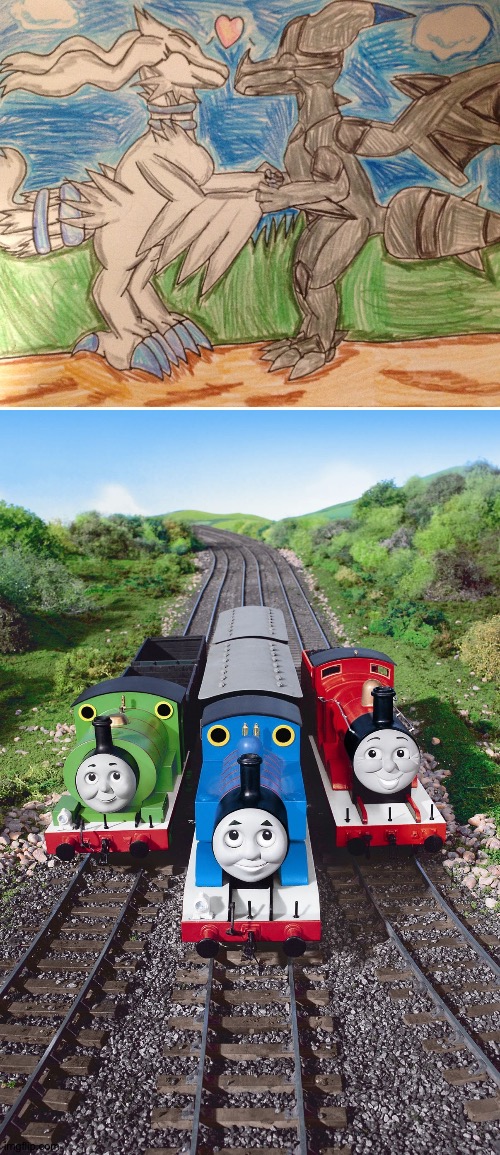 Thomas,Percy and James love Zekrom and Reshiram as a couple | image tagged in thomas percy and james,pokemon,fanart | made w/ Imgflip meme maker