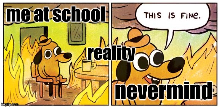 This Is Fine | me at school; reality; nevermind | image tagged in memes,this is fine | made w/ Imgflip meme maker
