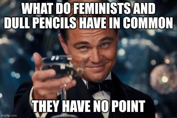 Leonardo Dicaprio Cheers Meme | WHAT DO FEMINISTS AND DULL PENCILS HAVE IN COMMON; THEY HAVE NO POINT | image tagged in memes,leonardo dicaprio cheers | made w/ Imgflip meme maker