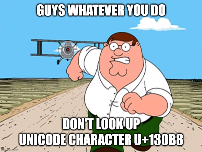 Peter Griffin running away | GUYS WHATEVER YOU DO; DON'T LOOK UP UNICODE CHARACTER U+130B8 | image tagged in peter griffin running away | made w/ Imgflip meme maker