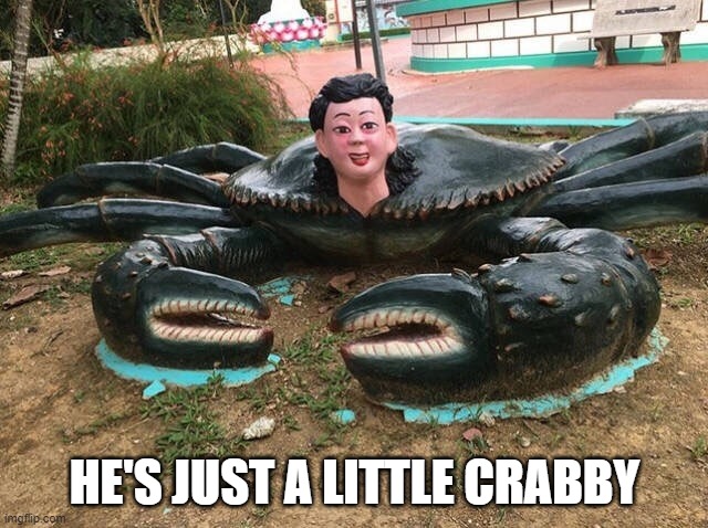 Crabby | HE'S JUST A LITTLE CRABBY | image tagged in unsee juice | made w/ Imgflip meme maker