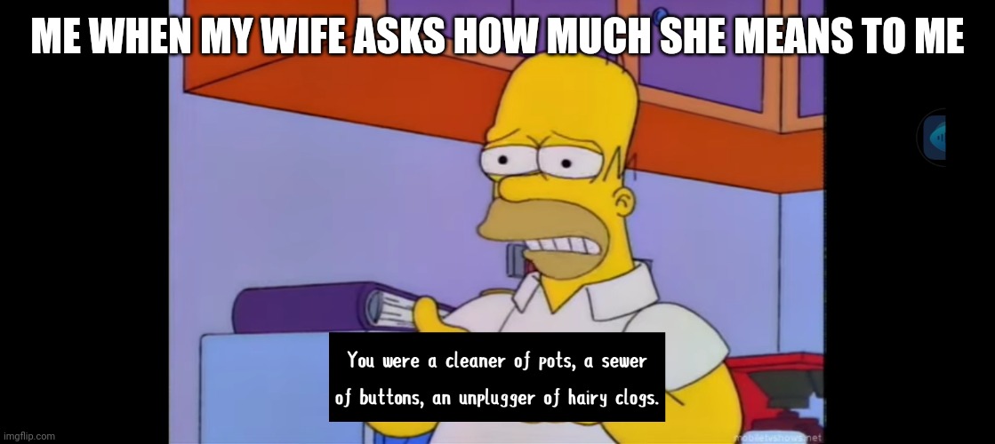 Homer Wifelover | ME WHEN MY WIFE ASKS HOW MUCH SHE MEANS TO ME | image tagged in funny,homer simpson | made w/ Imgflip meme maker