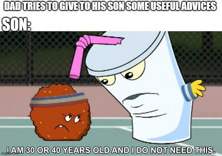 Shake is the best ATHF character fr | DAD TRIES TO GIVE TO HIS SON SOME USEFUL ADVICES; SON: | image tagged in i am 30 or 40 years old,aqua teen hunger force,master shake,adult swim,dad,meatwad | made w/ Imgflip meme maker