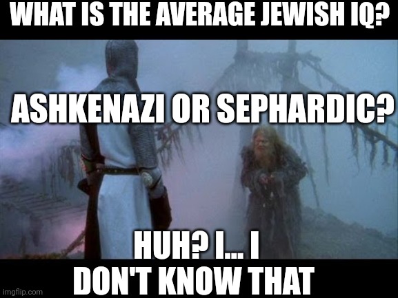 BridgeKeeper | WHAT IS THE AVERAGE JEWISH IQ? ASHKENAZI OR SEPHARDIC? HUH? I... I DON'T KNOW THAT | image tagged in bridgekeeper | made w/ Imgflip meme maker