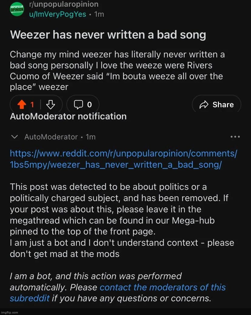 TIL Weezer was political | made w/ Imgflip meme maker