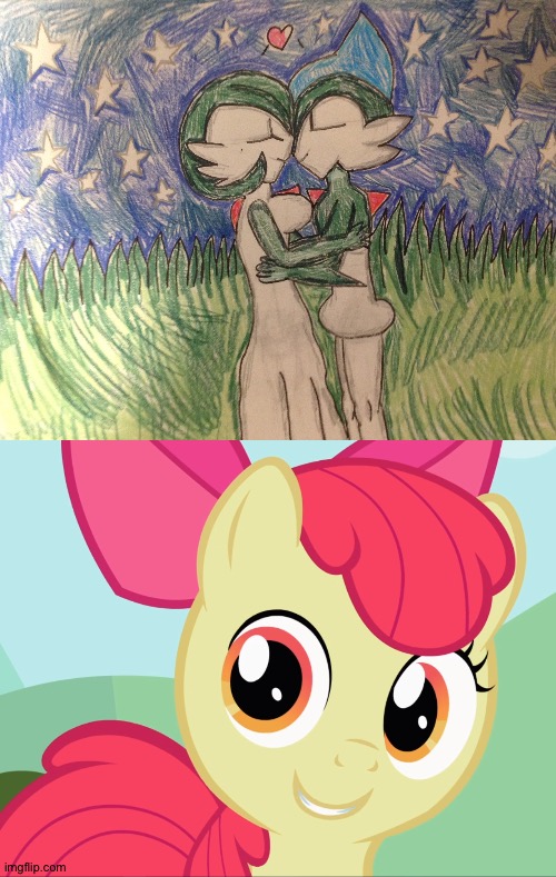 Apple bloom loves Gallade and Gardevoir as a couple | image tagged in apple bloom mlp,pokemon | made w/ Imgflip meme maker