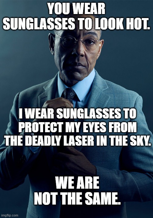 gotta protect those retinas ? | YOU WEAR SUNGLASSES TO LOOK HOT. I WEAR SUNGLASSES TO PROTECT MY EYES FROM THE DEADLY LASER IN THE SKY. WE ARE NOT THE SAME. | image tagged in gus fring we are not the same | made w/ Imgflip meme maker