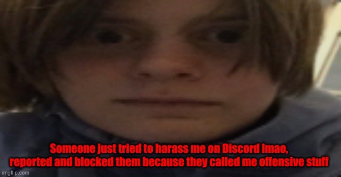 That kid is getting her account deleted for that bro | Someone just tried to harass me on Discord lmao, reported and blocked them because they called me offensive stuff | image tagged in darthswede silly serious face | made w/ Imgflip meme maker