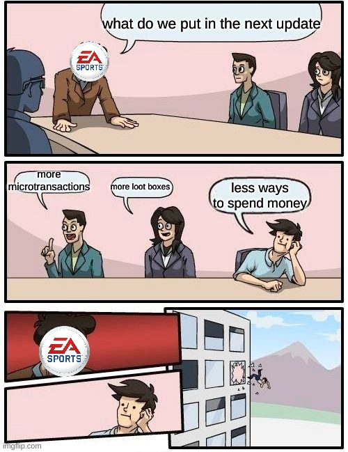 lets make the people angry | what do we put in the next update; more microtransactions; more loot boxes; less ways to spend money | image tagged in memes,boardroom meeting suggestion,ea sports,lol | made w/ Imgflip meme maker